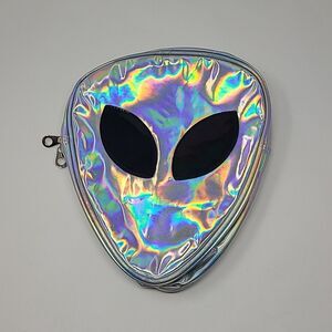 Alien Head Backpack Travel Purse Silver Shinny Metallic Adjustable Multicolor